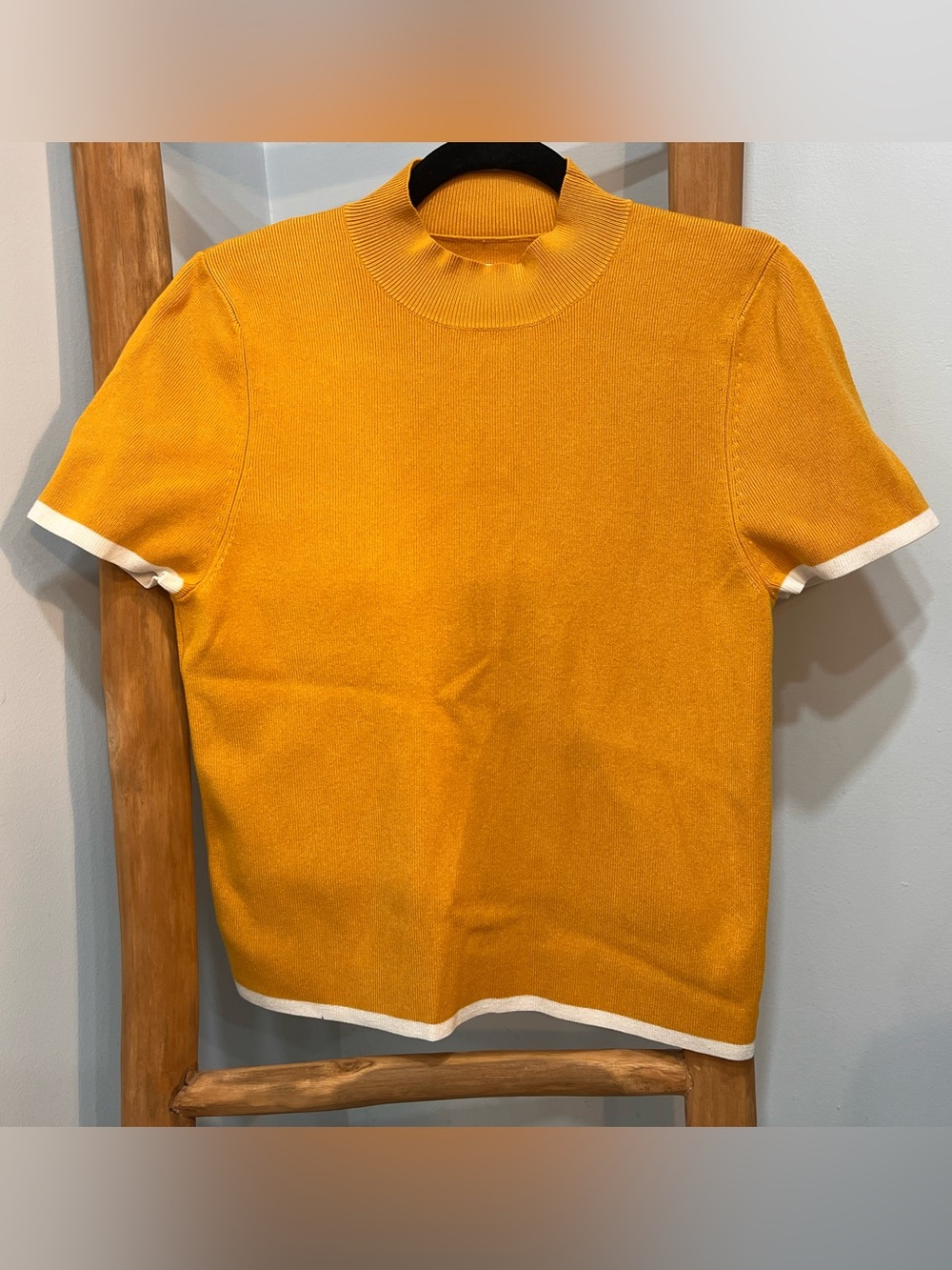 Maeve Short-Sleeve Crew Sweater in Mustard with White Trim